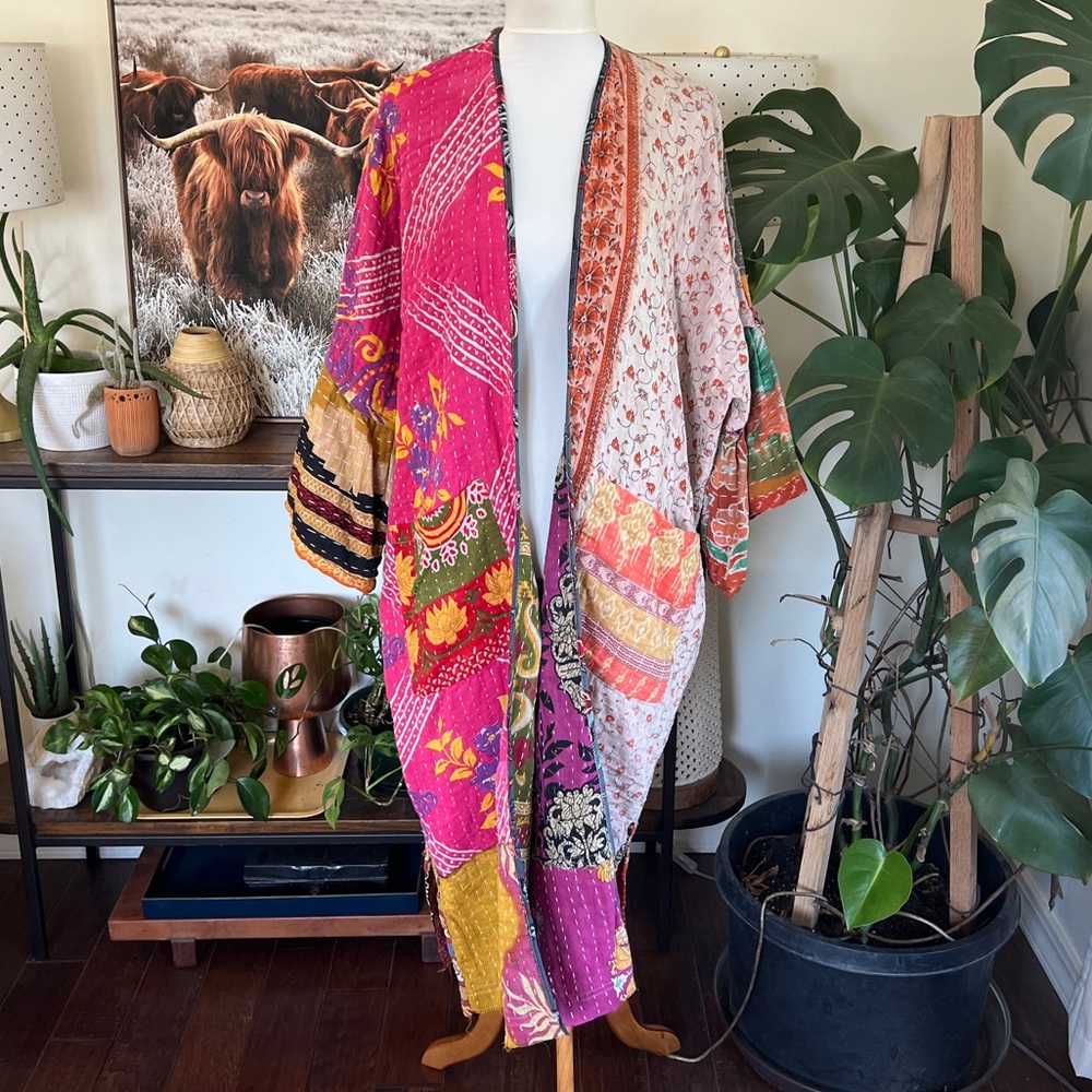Kantha India Sari Colorful Bell Sleeve Kimono Robe OS NWOT